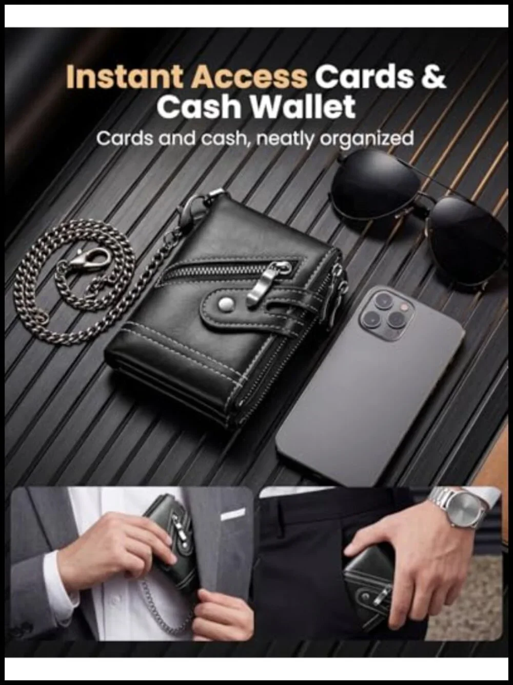 Men's RFID Zippered Short Wallet with Chain, 12 Card Holder, Faux Leather,